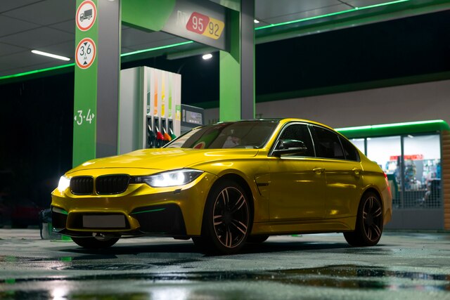 yellow car gas station
